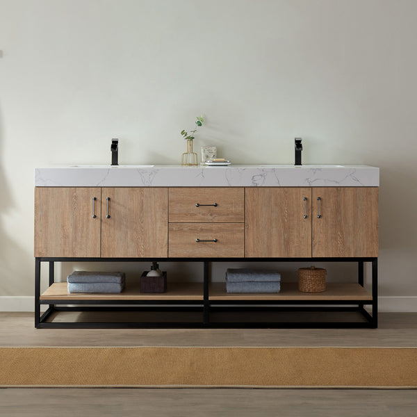 Alistair 72B Double Vanity in North American Oak with White Grain Stone Countertop Without Mirror