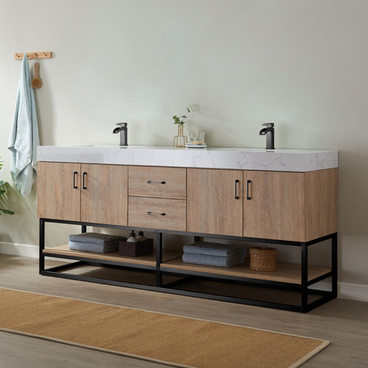 Alistair 72B" Double Vanity in North American Oak with White Grain Stone Countertop Without Mirror