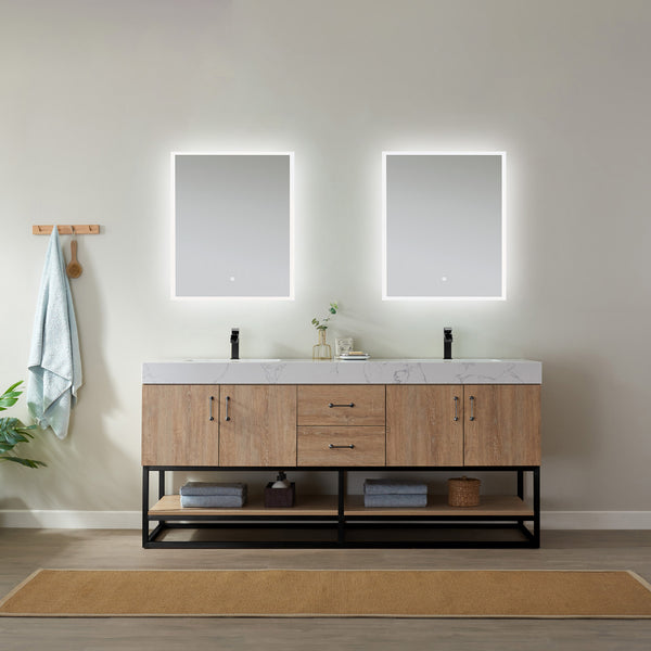 Alistair 72B Double Vanity in North American Oak with White Grain Stone Countertop With Mirror