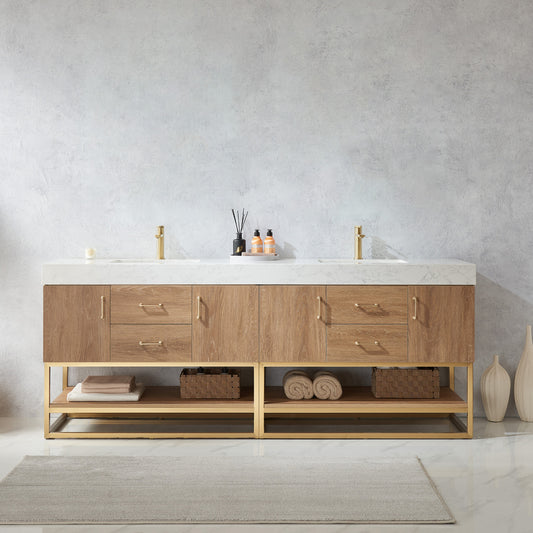 Alistair 84" Double Sink Bath Vanity in North American Oak with White Grain Stone Countertop
