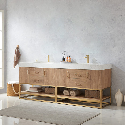 Alistair 84" Double Sink Bath Vanity in North American Oak with White Grain Stone Countertop