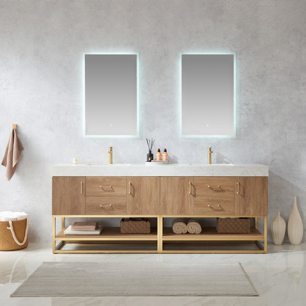 Alistair 84 Double Sink Bath Vanity in North American Oak with White Grain Stone Countertop and Mirror