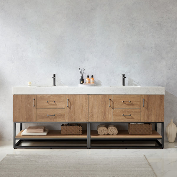 Alistair 84B Double Sink Bath Vanity in North American Oak with White Grain Stone Countertop