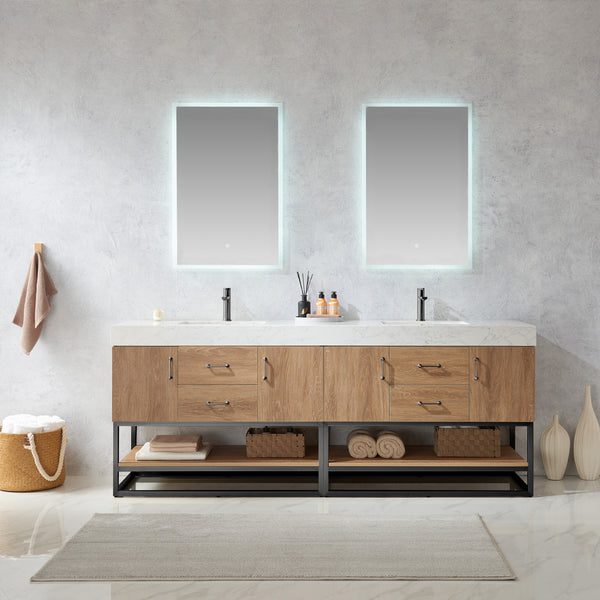 Alistair 84B Double Sink Bath Vanity in North American Oak with White Grain Stone Countertop and Mirror