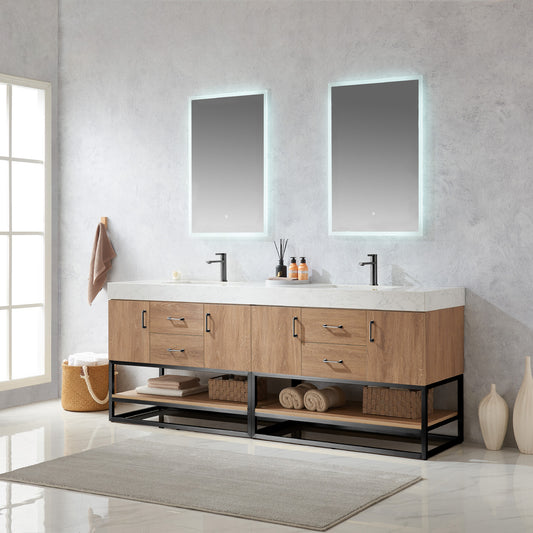 Alistair 84B" Double Sink Bath Vanity in North American Oak with White Grain Stone Countertop and Mirror