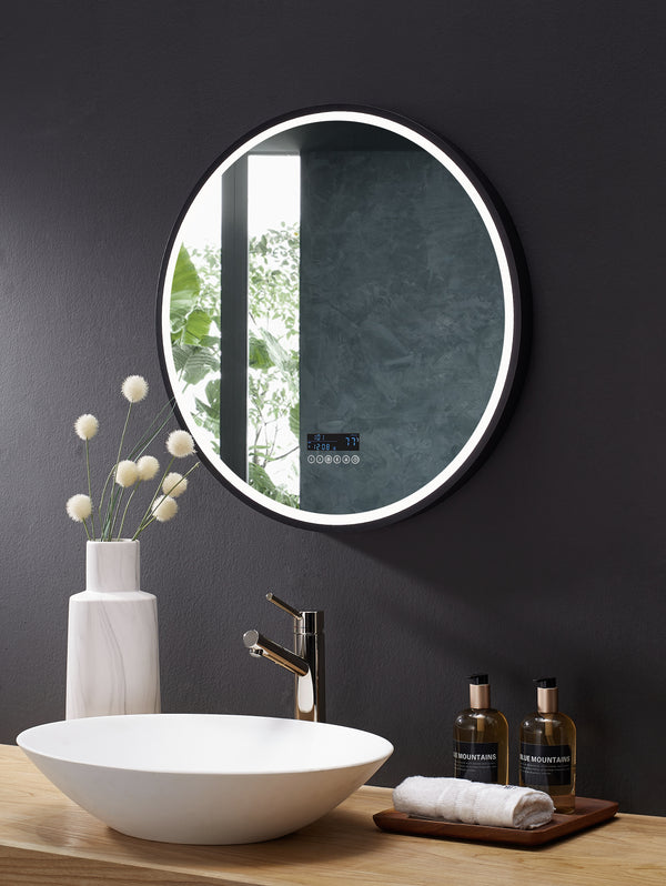 CIRQUE 30 in. Round LED Black Framed Mirror with Bluetooth, Defogger, and Digital Display