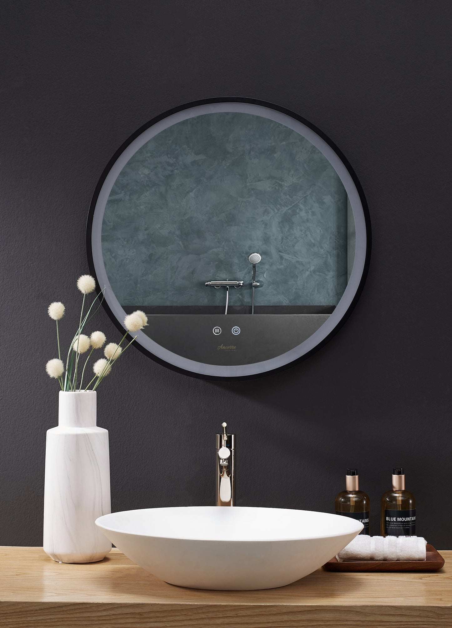 CIRQUE 30 in. Round LED Black Framed Mirror with Defogger and Dimmer
