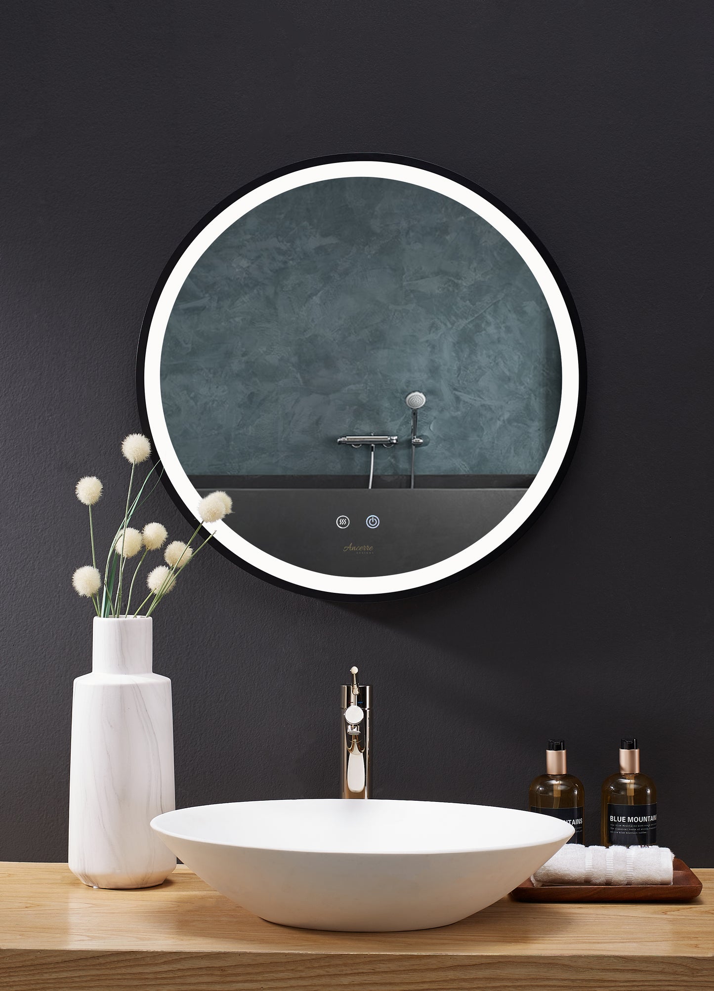 CIRQUE 30 in. Round LED Black Framed Mirror with Defogger and Dimmer