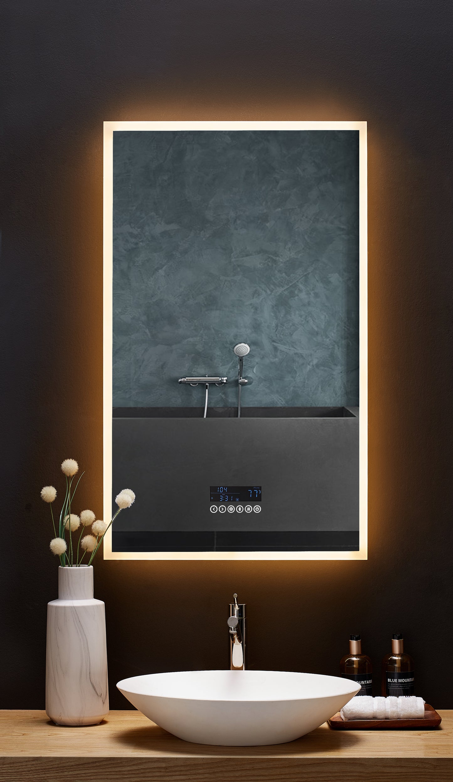 IMMERSION 24 in. x 40 in. LED Frameless Mirror with Bluetooth, Defogger and Digital Display