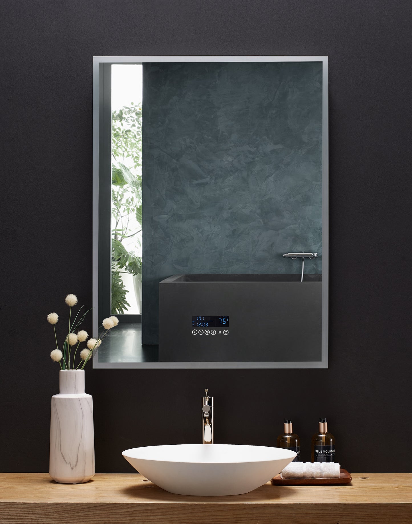 IMMERSION 30 in. x 40 in. LED Frameless Mirror with Bluetooth, Defogger and Digital Display