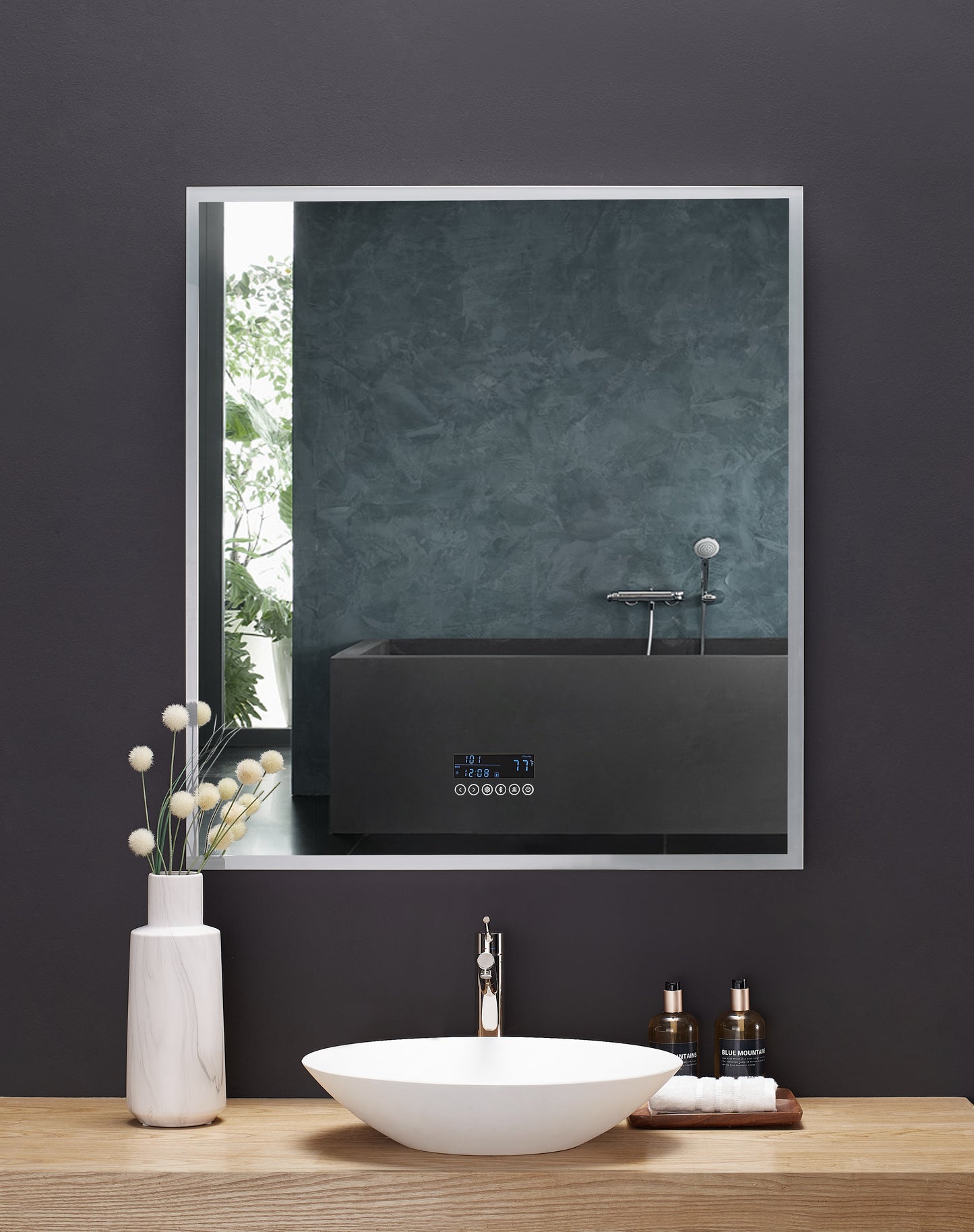IMMERSION 36 in. x 40 in. LED Frameless Mirror with Bluetooth, Defogger  and Digital Display