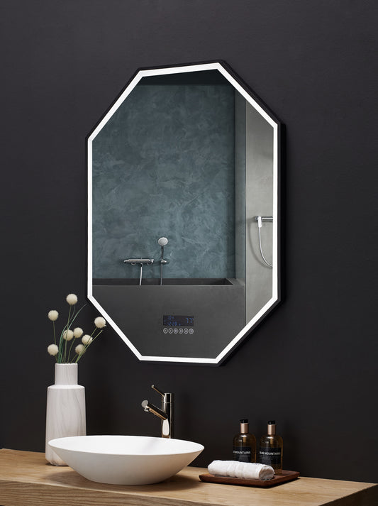 OTTO 24 in. x 40 in. LED Octagon Black Framed Mirror with Bluetooth and Digital Display