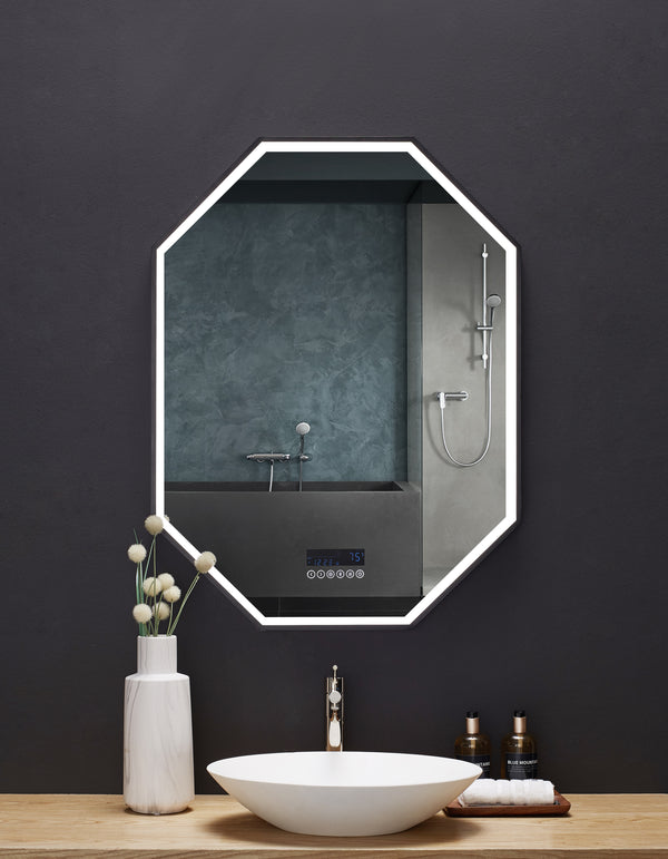 OTTO 30 in. x 40 in. LED Octagon Black Framed Mirror with Bluetooth and Digital Display