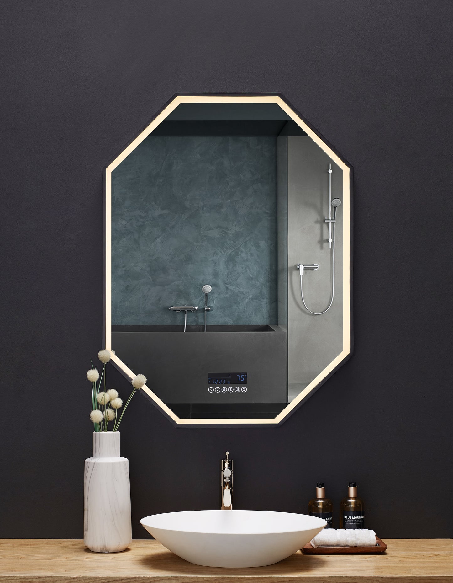 OTTO 24 in. x 40 in. LED Octagon Black Framed Mirror with Bluetooth and Digital Display