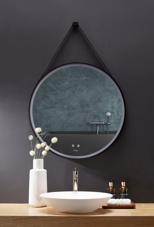 SANGLE 24 in. Round LED Black Framed Mirror with Defogger and Vegan Leather Strap