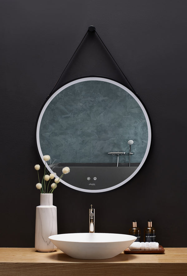 SANGLE 30 in. Round LED Black Framed Mirror with Defogger and Vegan Leather Strap