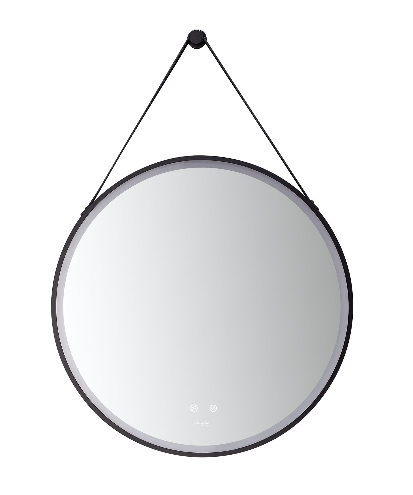 SANGLE 30 in. Round LED Black Framed Mirror with Defogger and Vegan Leather Strap
