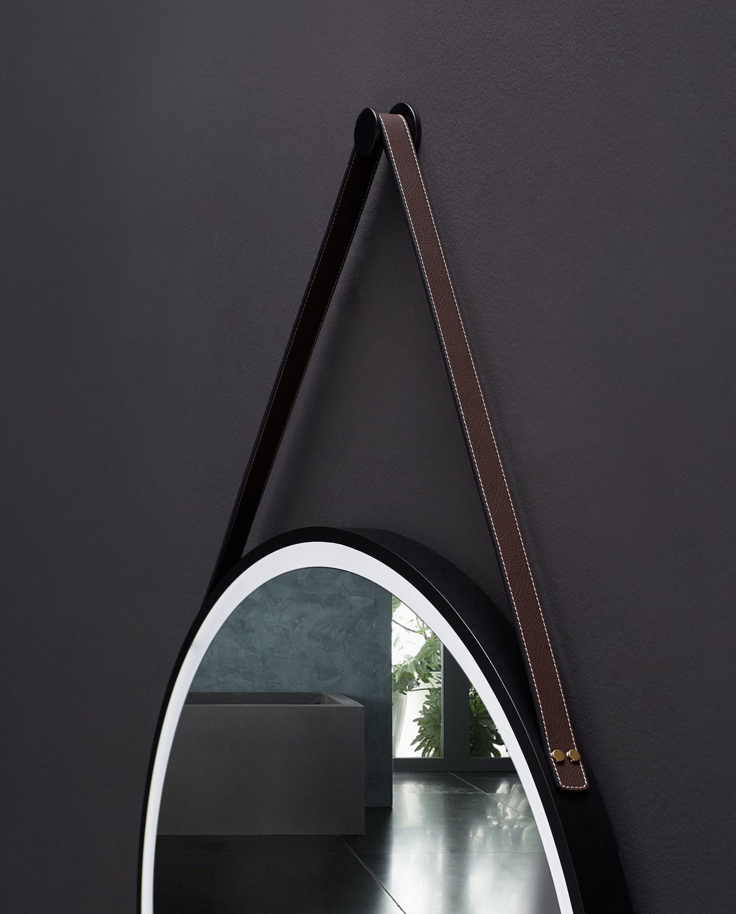 SANGLE 24 in. Round LED Black Framed Mirror with Defogger and Vegan Leather Strap