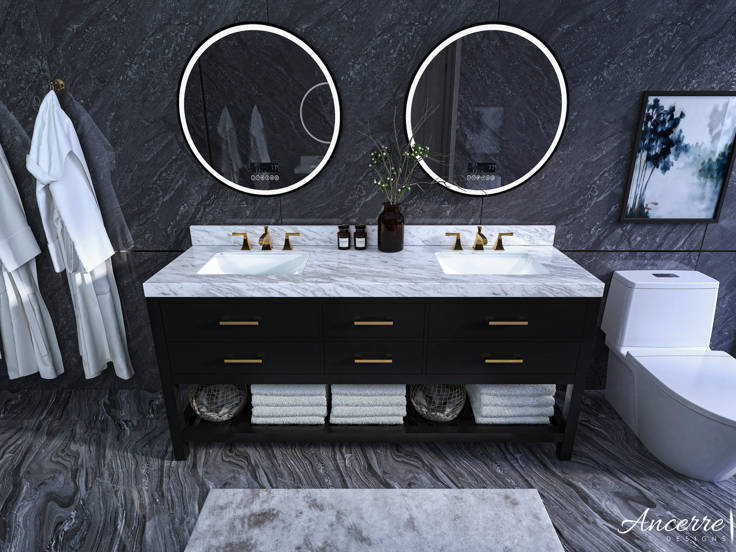 Elizabeth 72 in. Bath Vanity Set in Black Onyx with Gold Finish Hardware