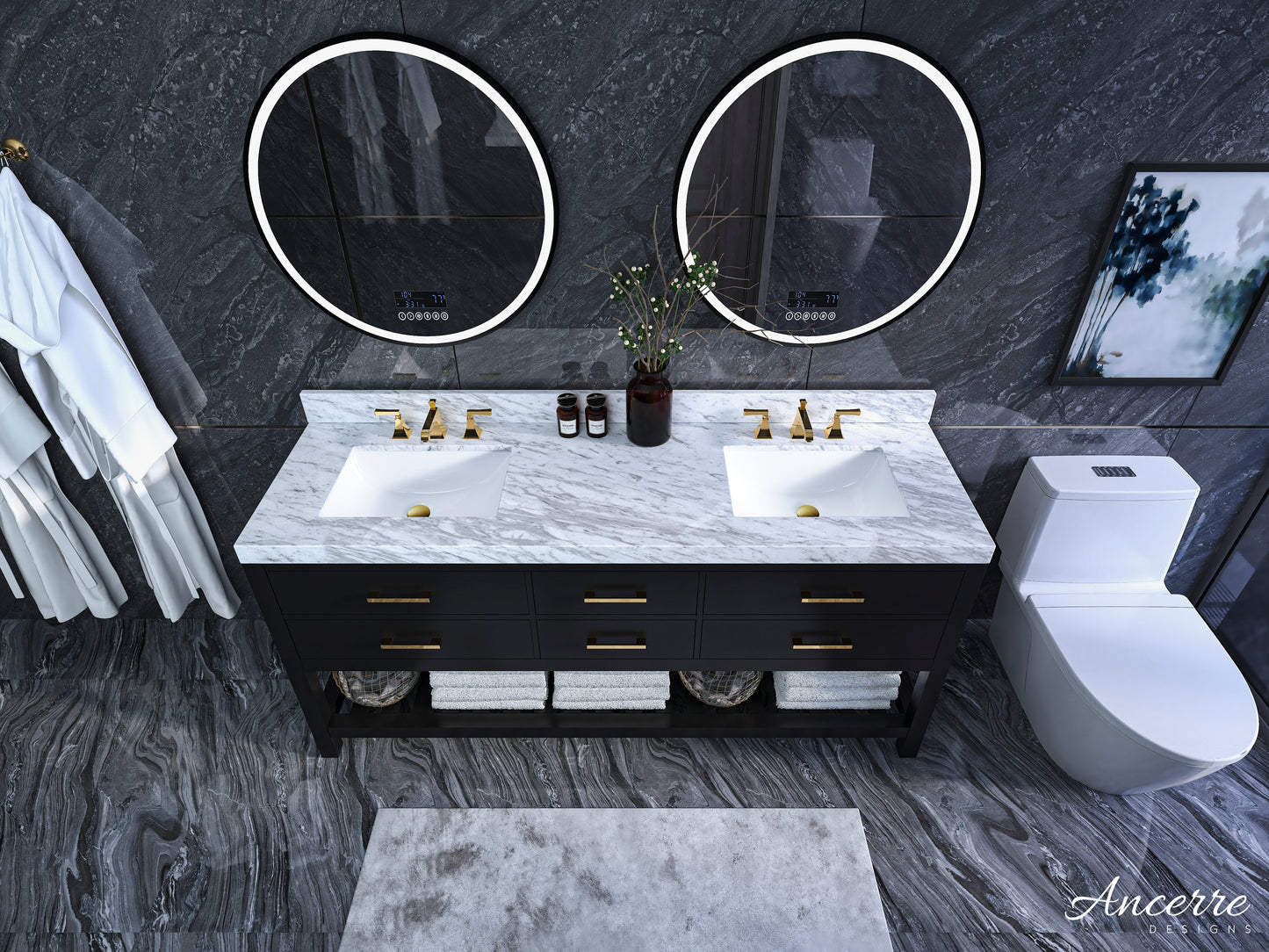 Elizabeth 72 in. Bath Vanity Set in Black Onyx with Gold Finish Hardware