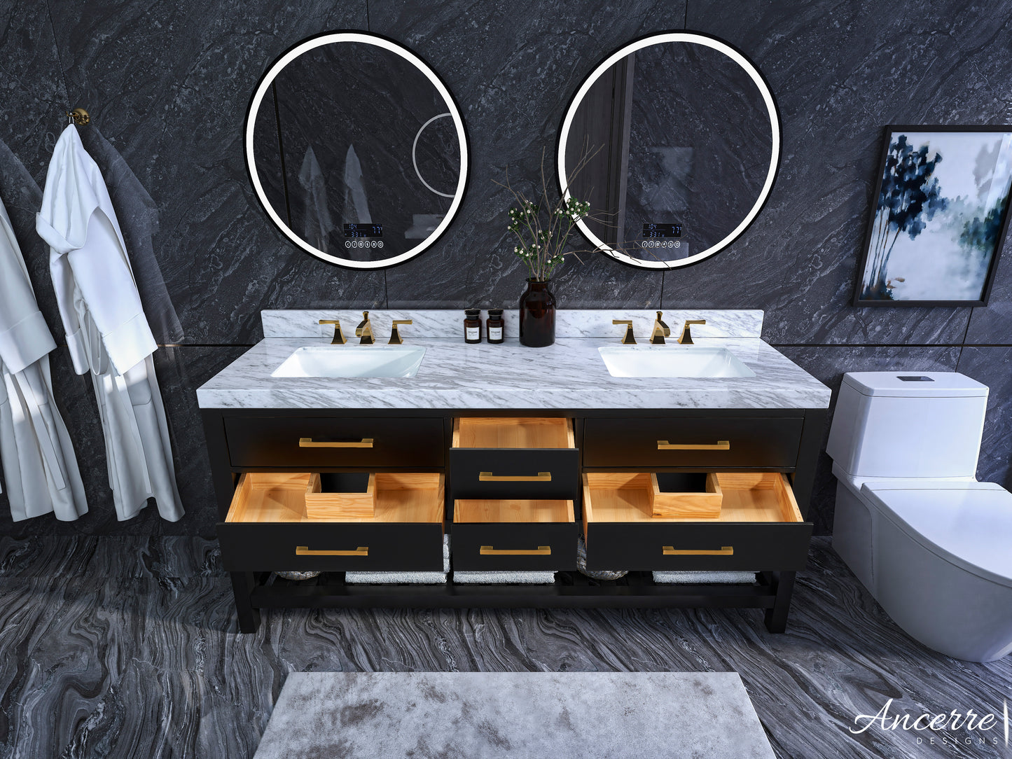 Elizabeth 72 in. Bath Vanity Set in Black Onyx with Gold Finish Hardware