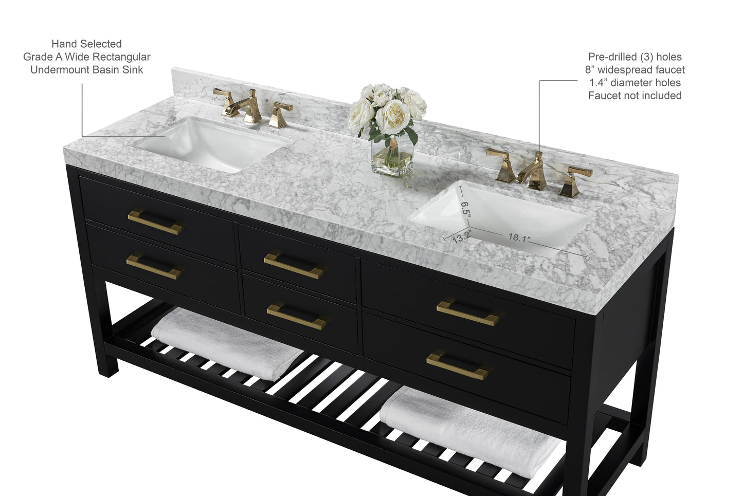 Elizabeth 72 in. Bath Vanity Set in Black Onyx with Gold Finish Hardware