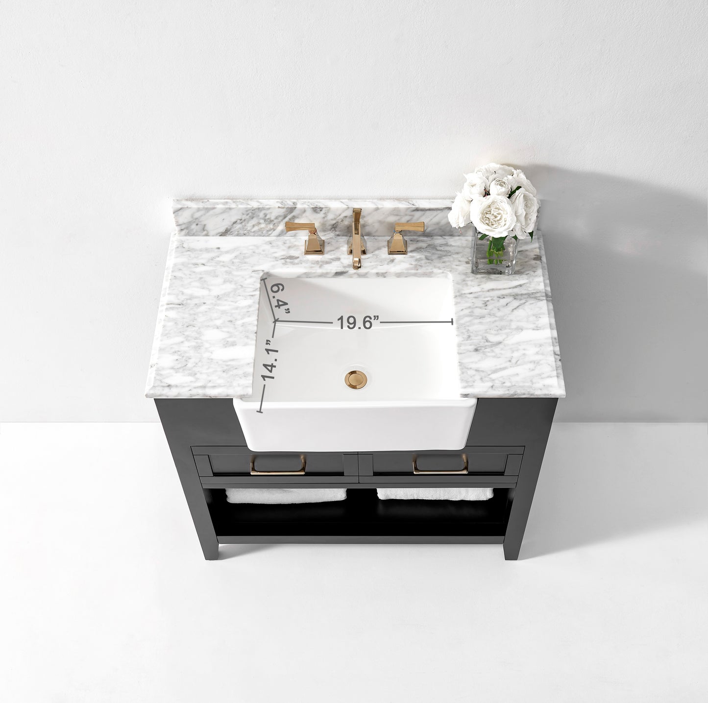 Hayley 36" Black Onyx with Carrara Marble Countertop with Ceramic Undermount Apron Basin
