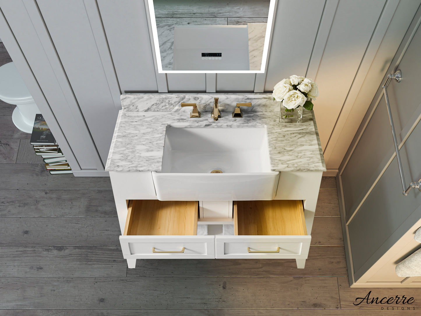 Hayley 36" White with Carrara White Marble Countertop with Ceramic Undermount Apron Basin