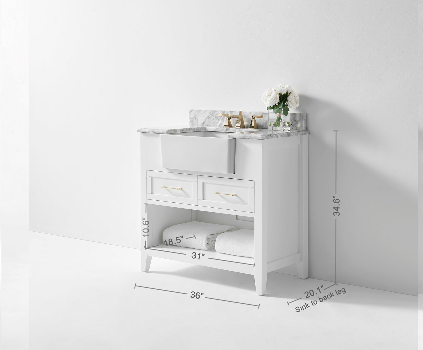 Hayley 36" White with Carrara White Marble Countertop with Ceramic Undermount Apron Basin