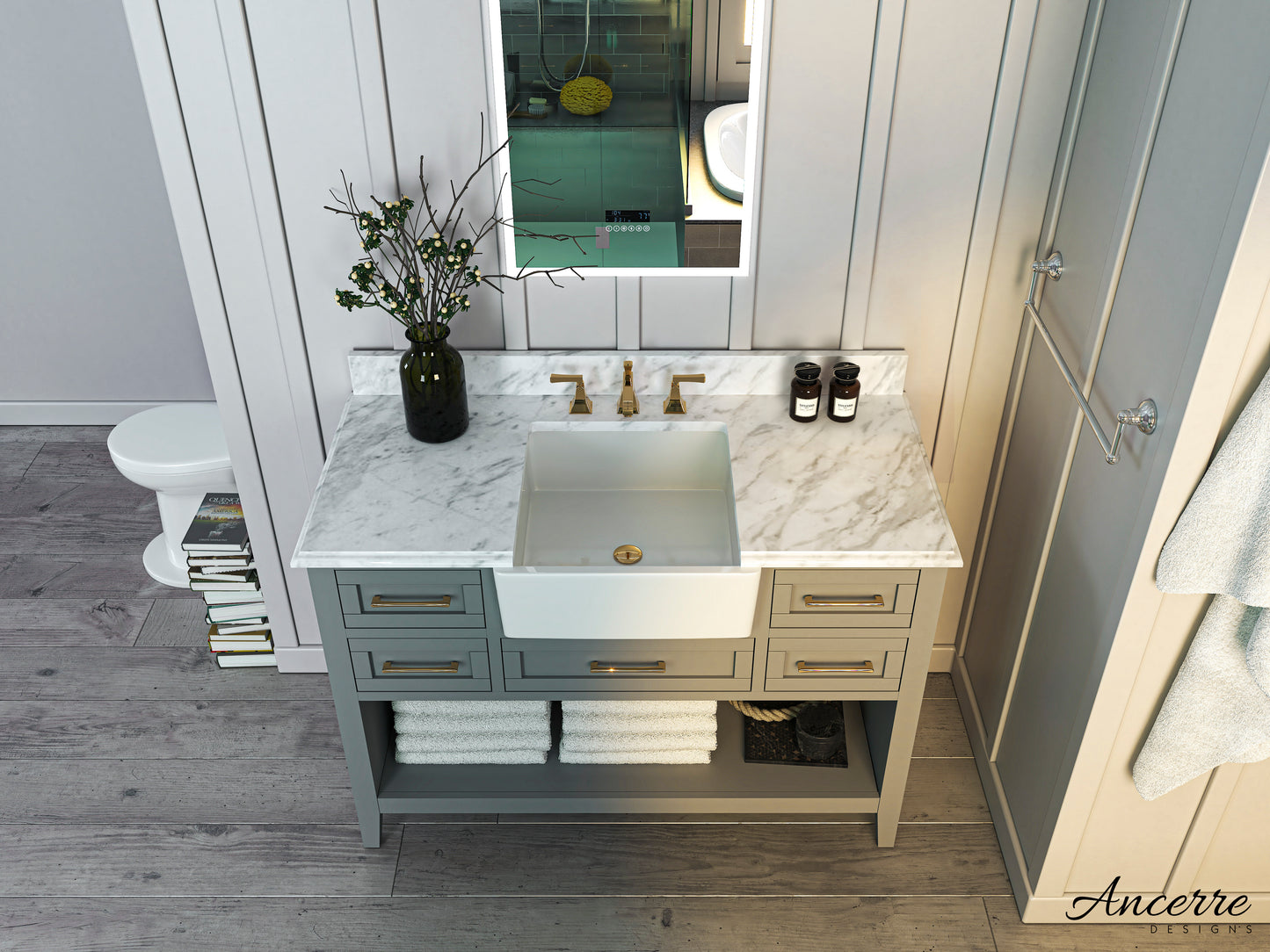 Hayley 48" Sea Cloud Gray with Carrara White Marble Countertop with Ceramic Undermount Apron Basin