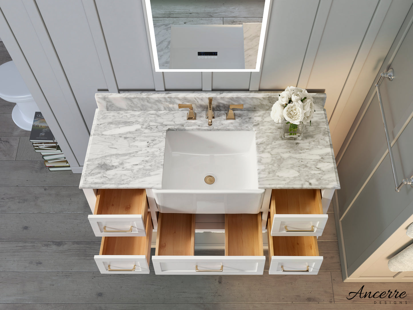 Hayley 48" White with Carrara White Marble Countertop with Ceramic Undermount Apron Basin