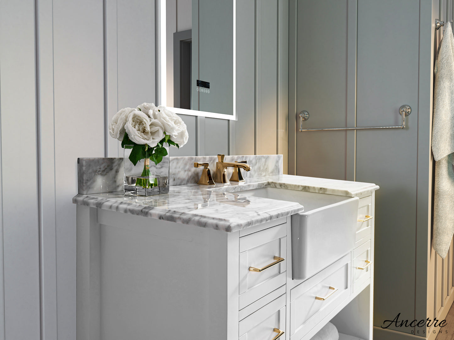 Hayley 48" White with Carrara White Marble Countertop with Ceramic Undermount Apron Basin