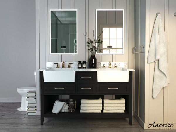 Hayley 60 Black Onyx with Carrara White Marble Countertop with Double Ceramic Undermount Apron Basins