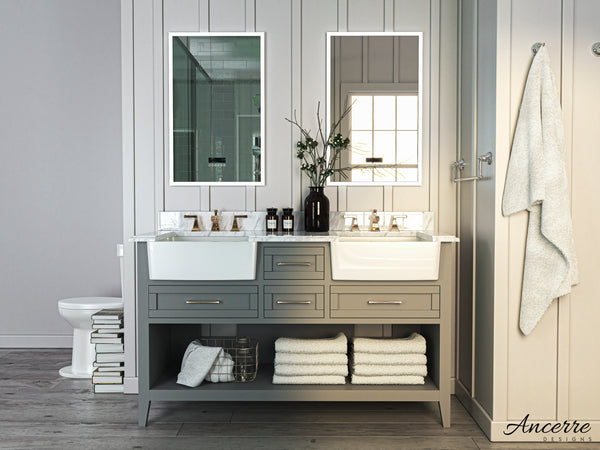 Hayley 60 Sea Cloud Gray with Carrara White Marble Countertop with Double Ceramic undermount Apron Basins