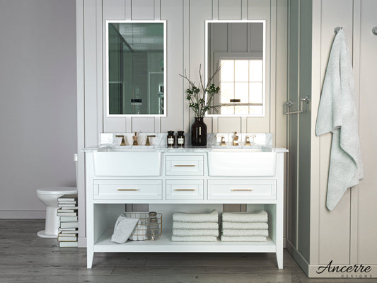 Hayley 60" White with Carrara White Marble Countertop with Double Ceramic Undermount Apron Basins