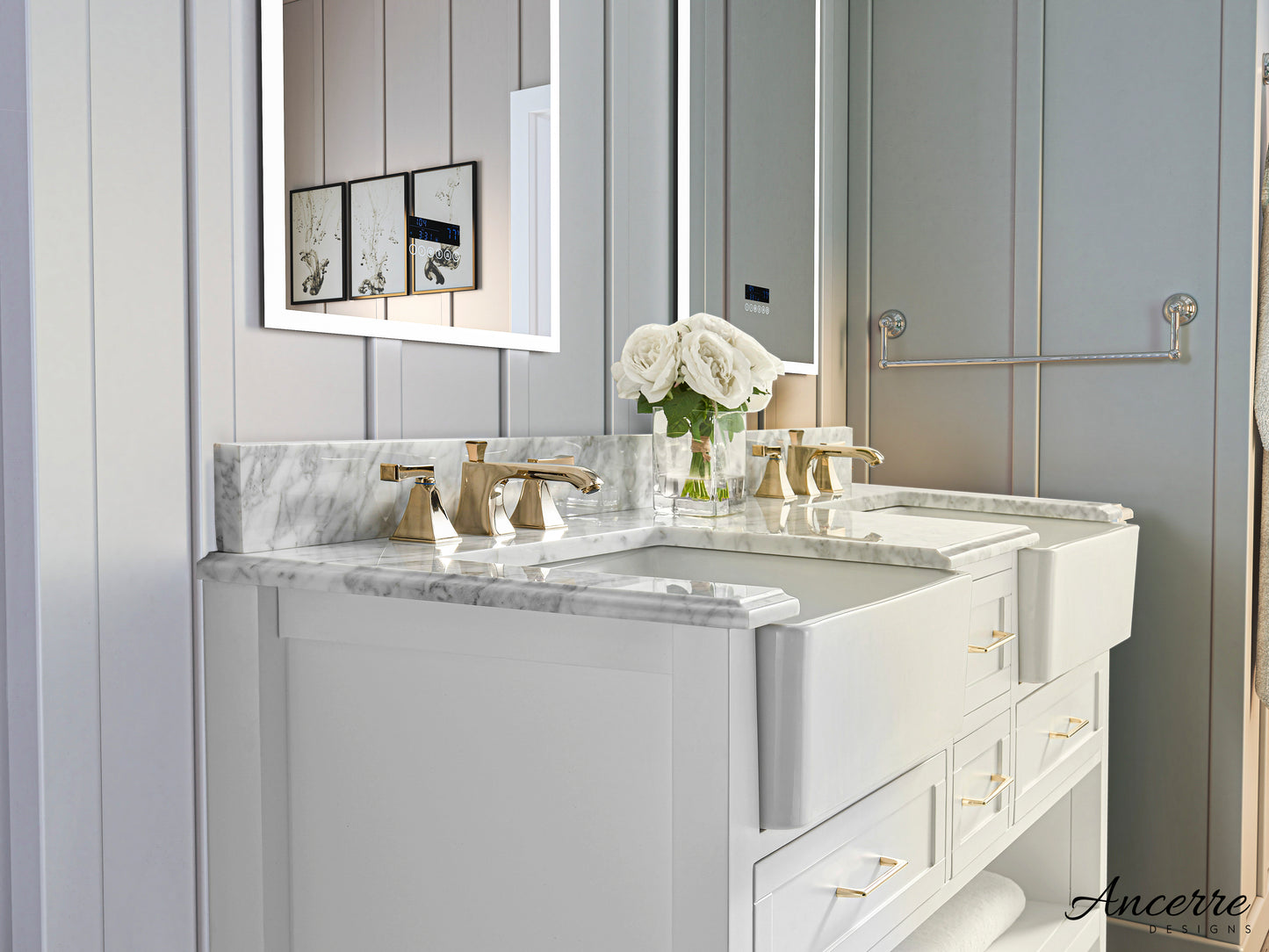 Hayley 60" White with Carrara White Marble Countertop with Double Ceramic Undermount Apron Basins