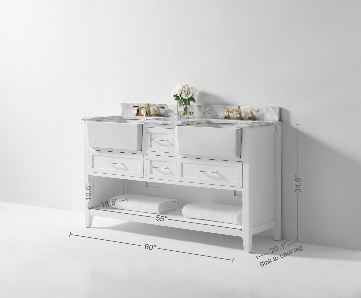 Hayley 60" White with Carrara White Marble Countertop with Double Ceramic Undermount Apron Basins