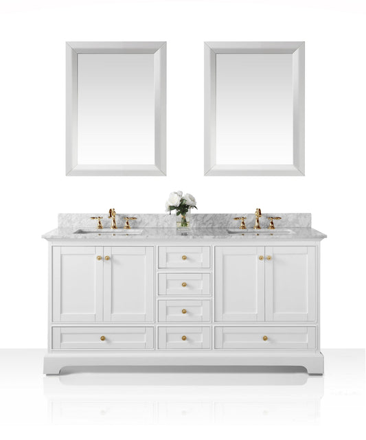 Audrey 72 in. Bath Vanity Set in White with 24 in. Mirrors and Gold Finish Hardware