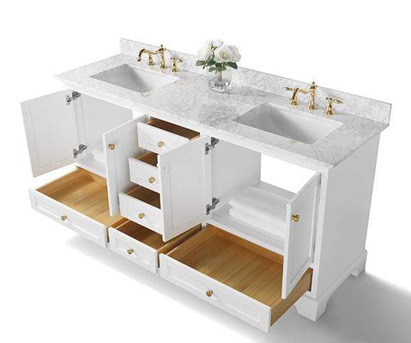 Audrey 72 in. Bath Vanity Set in White with 24 in. Mirrors and Gold Finish Hardware