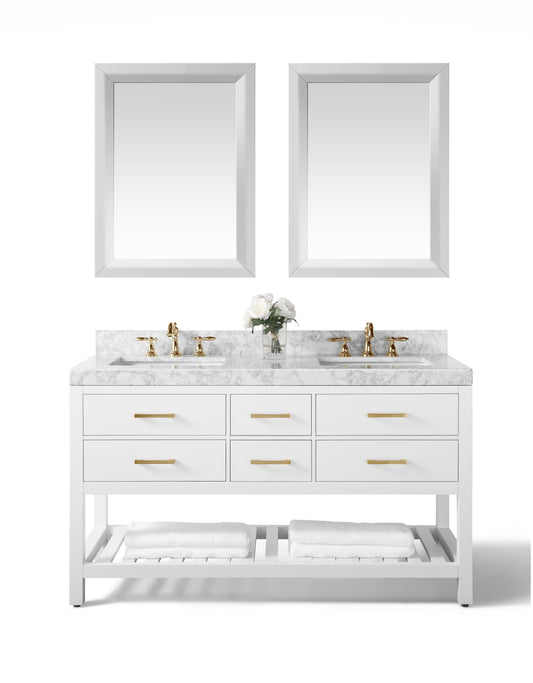 Elizabeth 60 in. Bath Vanity Set in White with 24 in. Mirrors and Gold Finish Hardware