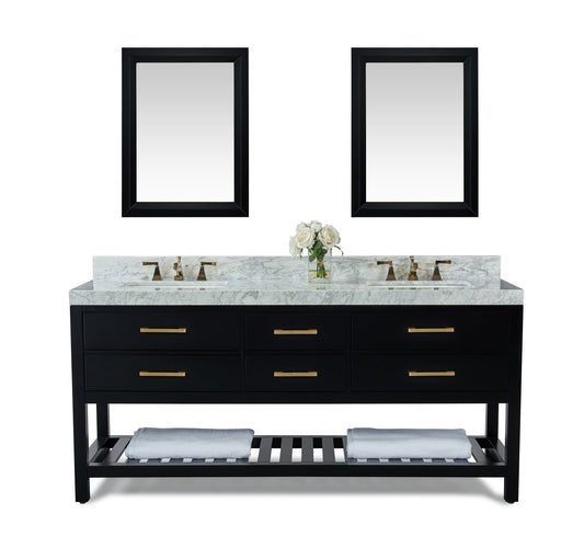 Elizabeth 72 in. Bath Vanity Set in Black Onyx with 24 in. Mirrors and Gold Finish Hardware