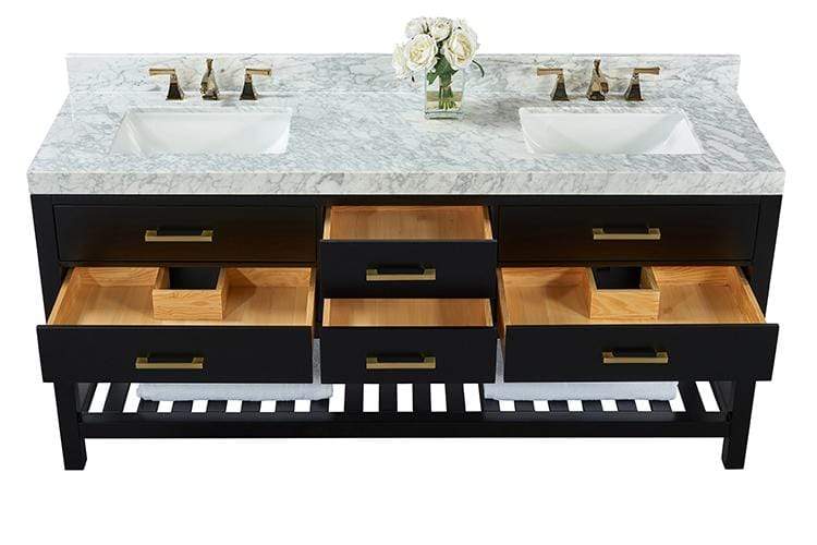 Elizabeth 72 in. Bath Vanity Set in Black Onyx with 24 in. Mirrors and Gold Finish Hardware
