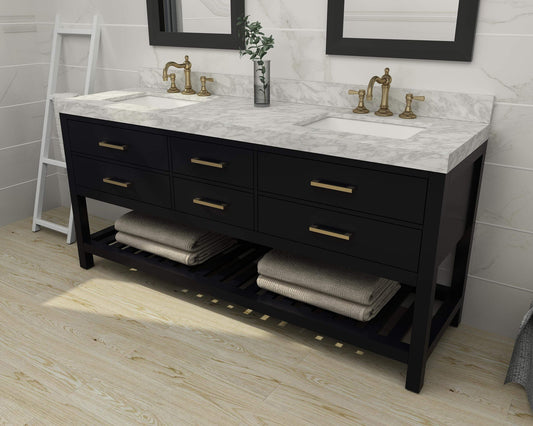 Elizabeth 72 in. Bath Vanity Set in Black Onyx with 24 in. Mirrors and Gold Finish Hardware