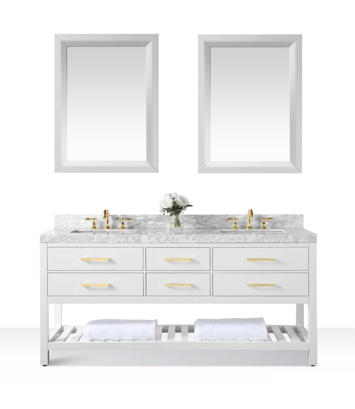 Elizabeth 72 in. Bath Vanity Set in White with 24 in. Mirrors and Gold Finish