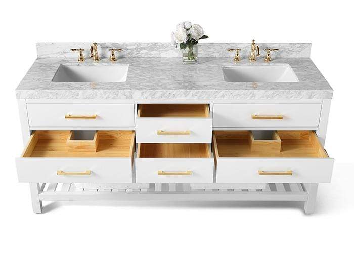 Elizabeth 72 in. Bath Vanity Set in White with 24 in. Mirrors and Gold Finish