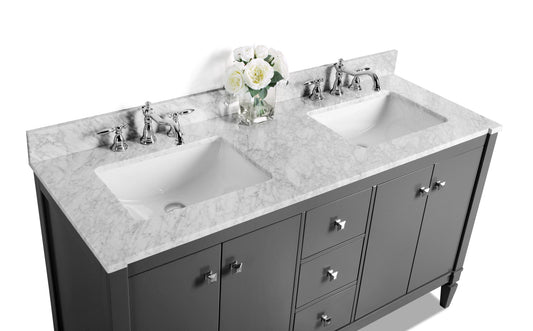 Kayleigh 60 in. Bath Vanity Set in Sapphire Gray with 24 in. Mirror with Carrara White Marble Countertop