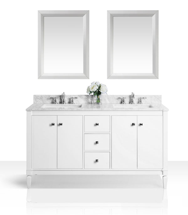 Kayleigh 60 in. Double Bath Vanity Set in White with 24 in. Mirror with Carrara White Marble Countertop