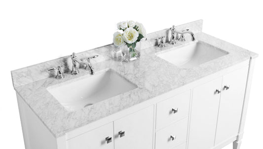 Kayleigh 60 in. Double Bath Vanity Set in White with 24 in. Mirror with Carrara White Marble Countertop