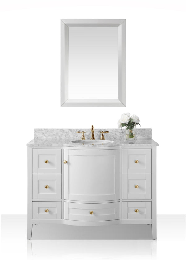 Lauren 48 in. Carrara White Marble Countertop Bath Vanity Set in White with 28 in. Mirror with Gold Finish Hardware