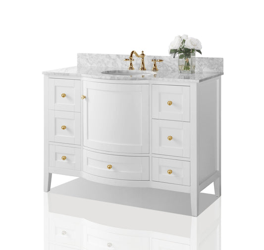 Lauren 48 in. Carrara White Marble Countertop Bath Vanity Set in White with 28 in. Mirror with Gold Finish Hardware